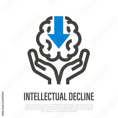Intellectual decline. Brain with arrow to down in hands. Thin line icon. Memory loss, amnesia, Alzheimer's disease, dementia. Healthcare and medical vector illustration.
