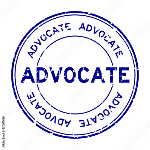Grunge blue advocate word round rubber seal business stamp on white background