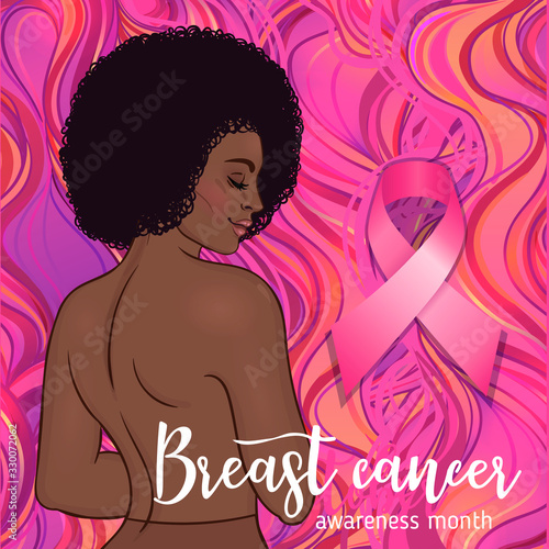 October: Breast Cancer Awareness Month, annual campaign to increase awareness of the disease. African American woman with breast cancer awareness pink ribbon, vector illustration health, medicine