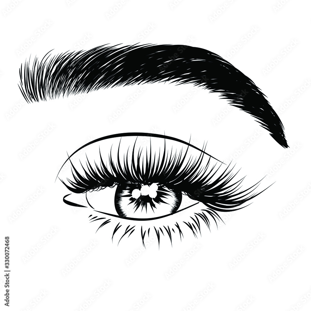 Fashion illustration of the eye with long full lashes. Hand drawn ...