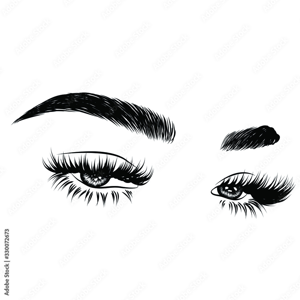 Fashion illustration of the eye with long full lashes. Hand drawn vector idea for business visфit cards, templates, web, salon banners,brochures. Natural eyebrows and modern makeup Fashion illustration of the eye with long full lashes. Hand drawn vector idea for business visфit cards, templates, web, salon banners,brochures. Natural eyebrows and modern makeup