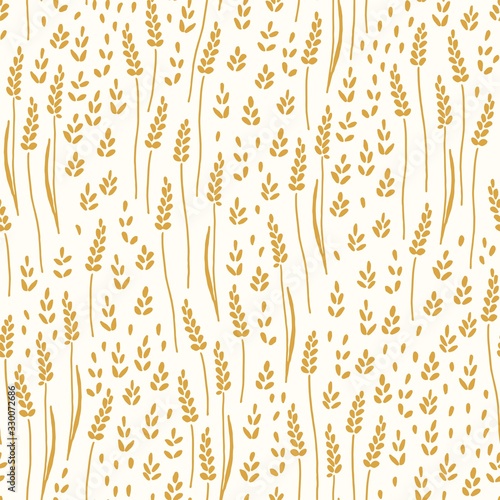 Wheat field, seamless texture pattern with hand drawn ears, vector abstract illustration in vintage style.