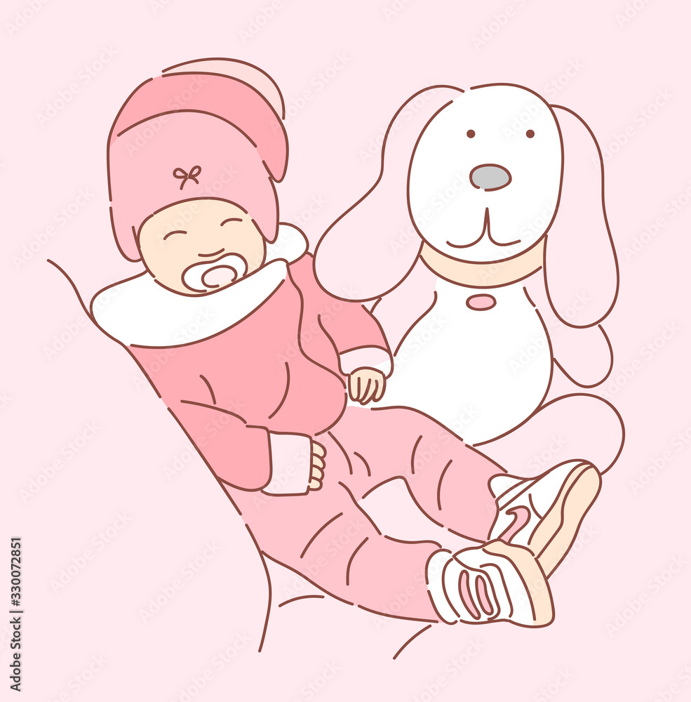 Cute newborn baby sitting with a toy on pink blanket
