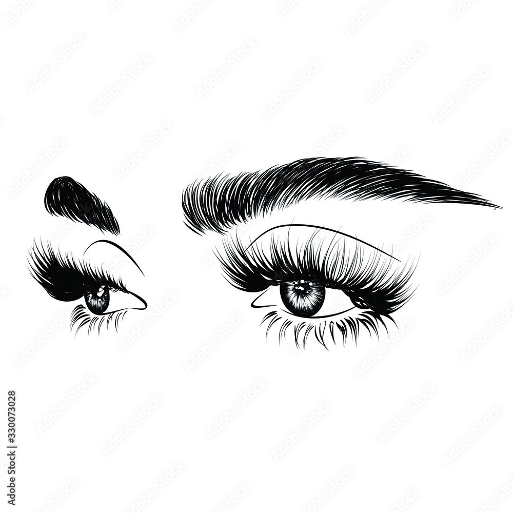  Fashion illustration of the eye with long full lashes. Hand drawn vector idea for business visфit cards, templates, web, salon banners,brochures. Natural eyebrows and modern makeup