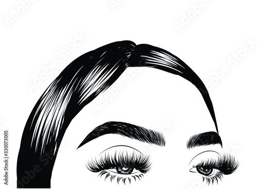 Modern sleek hairstyle of a beautiful girl and baby hairs. Glam eye look with full natural eyebrow and luxe eyelashes. Salon logo template for brochures