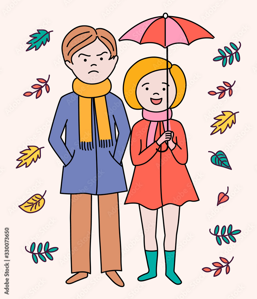 Cute cartoon couple walking in the rain with umbrella Cute cartoon couple walking in the rain with umbrella