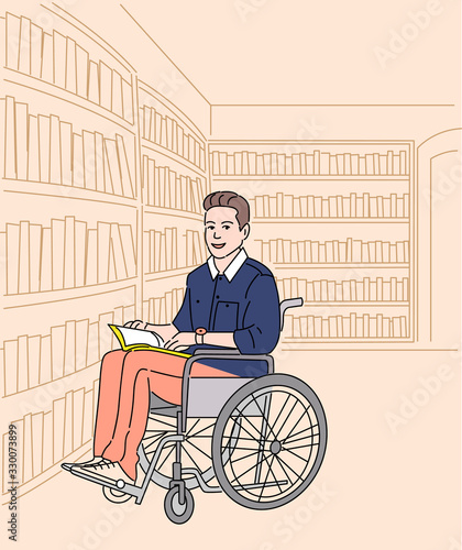 Cartoon character of disabled student with book on wheelchair at university library, Concept of students with special needs