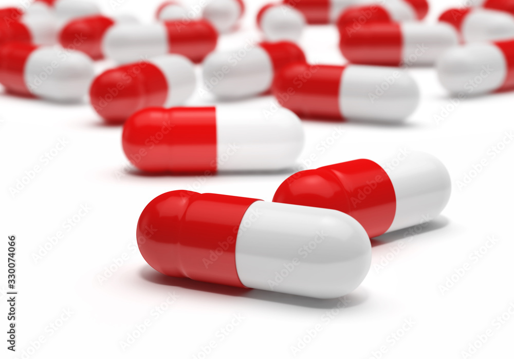 Red and white capsules pill on white background, 3d rendering Red and white capsules pill on white background, 3d rendering