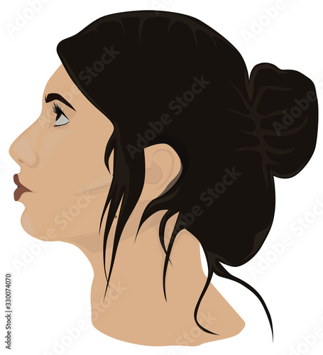 Young girl profile portrait from side. Brown hair. Looking up