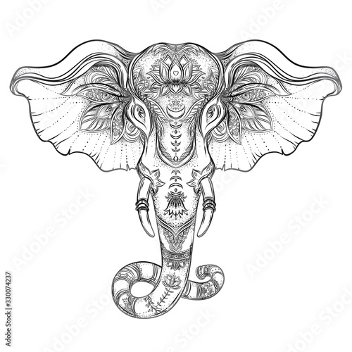 Beautiful hand-drawn tribal style elephant. Coloring book design with boho mandala patterns, ornaments. Ethnic background, spiritual art, yoga. Indian god Ganesha, Thai symbol. T-shirt print, posters.