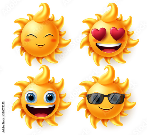 Sun summer characters vector set. Sun character in different facial expressions like In love, blissful, excited and smiling for emojis and emoticons collection in white background. Vector illustration