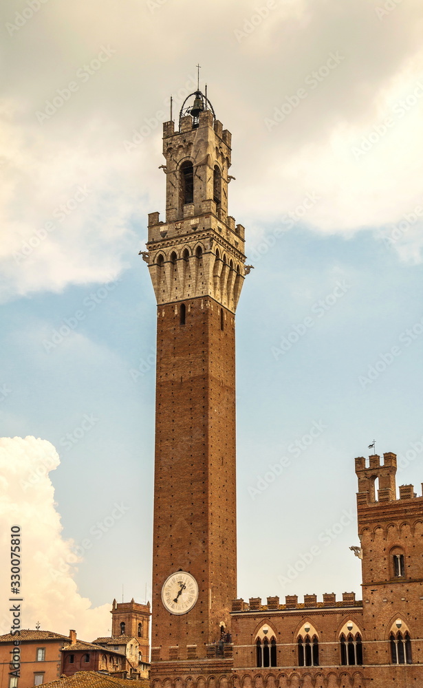 Fototapeta premium Ancient tower on town hall building in medieval city of Siena