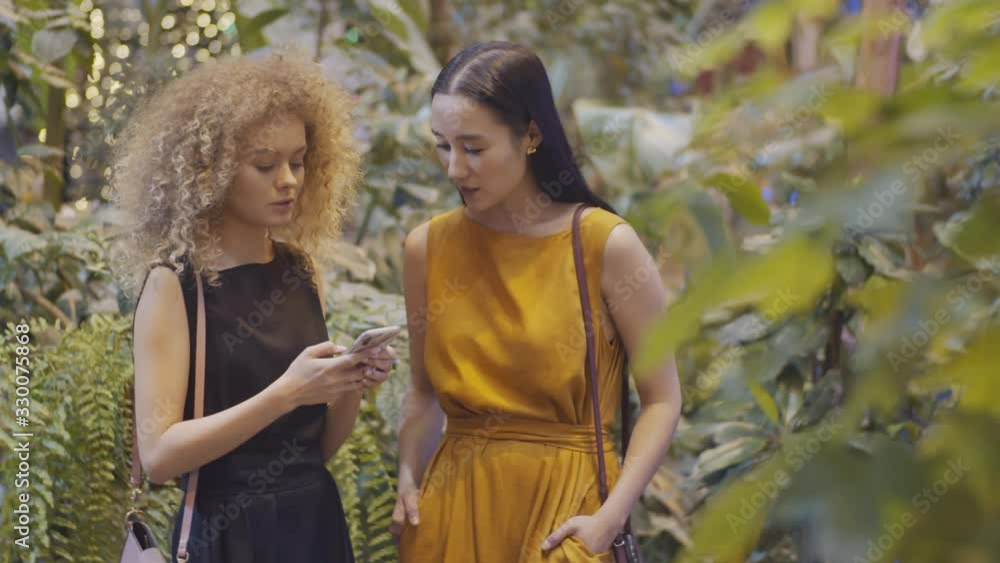 Young pretty Caucasian woman and her female Asian friend watching social media post on smartphone screen and discussing it while standing among green plants in modern cafe Young pretty Caucasian woman and her female Asian friend watching social media post on smartphone screen and discussing it while standing among green plants in modern cafe