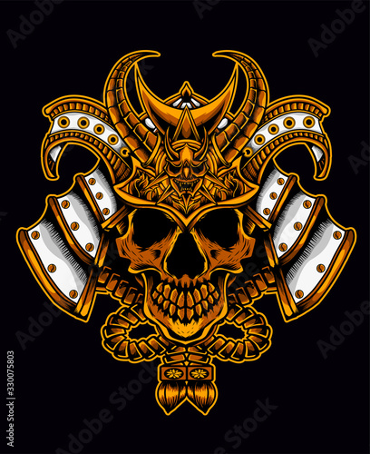 Картината върху платно samurai helmet with skull head on black background-vector illustration art