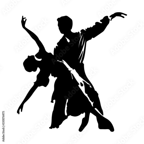 Dancing couple. Silhouettes of dancing man and woman. Black and white illustration