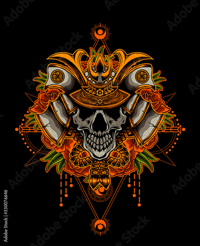 samurai helmet with skull head on black background-vector illustration art