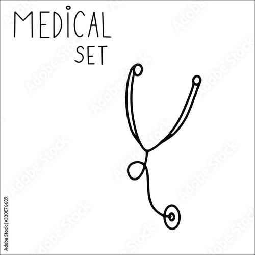 Single hand drawn stethscope Doodle stock vector illustration. element for posters, stickers and seasonal design. Isolated on white background. Sketch elements set for graphic and web design.