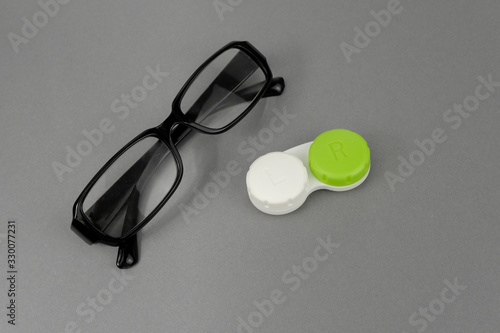 Optician flat lay background. Concept of optics.