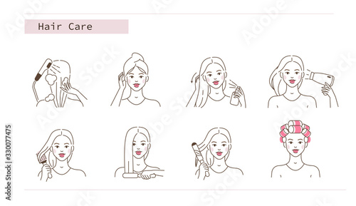 Beauty Girl Take Care of her Hair and Making Hair Styling. Woman Washing, Drying Hair with Hairdryer, Curling with Curler and Straitening with Iron. Flat Line Vector Illustration and Icons set.