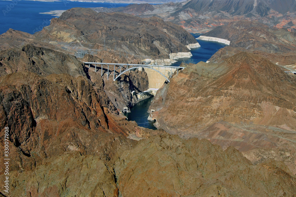The Hoover Dam and Pat Tillman Bridge Bypass on border of Arizona AZ Nevada Nv, USA, North America