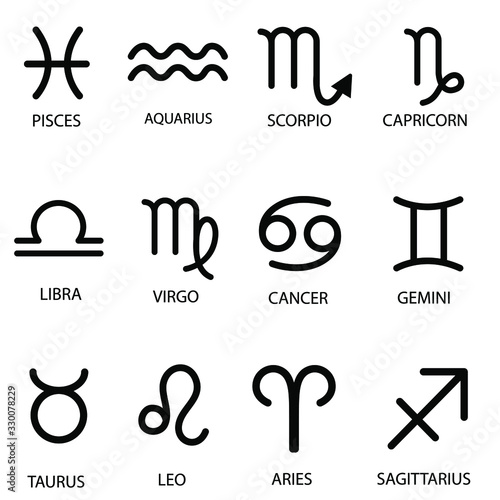 Zodiac signs set isolated on white background. Star signs for astrology horoscope. Zodiac line stylized symbols. Astrological calendar collection, horoscope constellation vector illustration.
