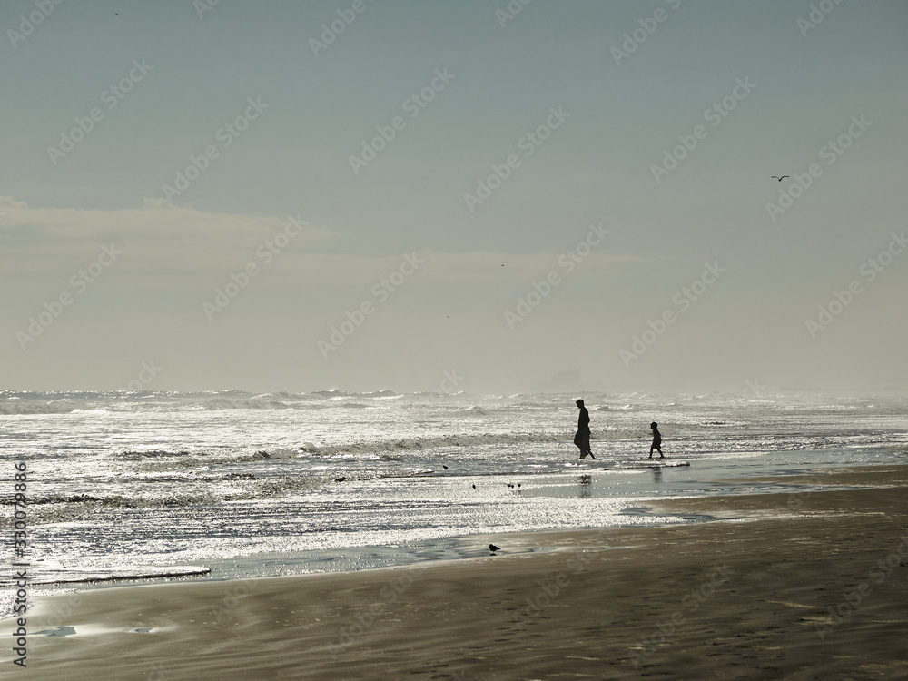 Man and child at beach.