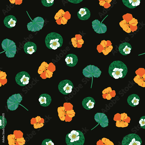 Nasturtium Mights-Flowers in Bloom seamless repeat pattern Background in yellow,orange,white and green