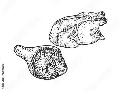 Turkey meat and pork ham sketch engraving vector illustration. T-shirt apparel print design. Scratch board imitation. Black and white hand drawn image.