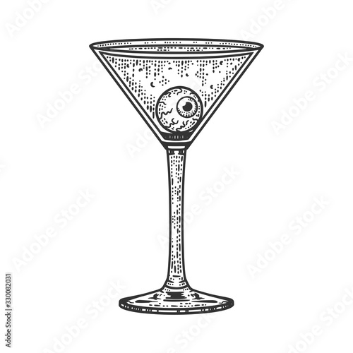 eye ball in a martini glass sketch engraving vector illustration. T-shirt apparel print design. Scratch board imitation. Black and white hand drawn image.
