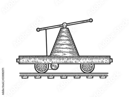 Draisine rail transport sketch engraving vector illustration. T-shirt apparel print design. Scratch board imitation. Black and white hand drawn image.