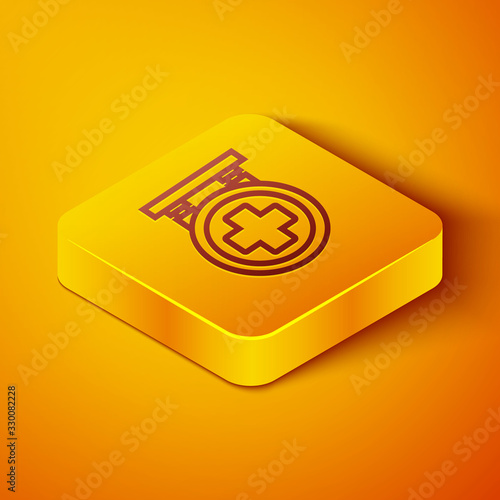 Isometric line Hospital signboard icon isolated on orange background. Yellow square button. Vector Illustration