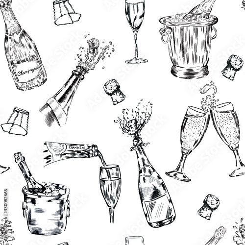 Wine, champagne glasses, drink vector seamless pattern on white background. Concept for wallpaper, wrapping paper, cards, menu 