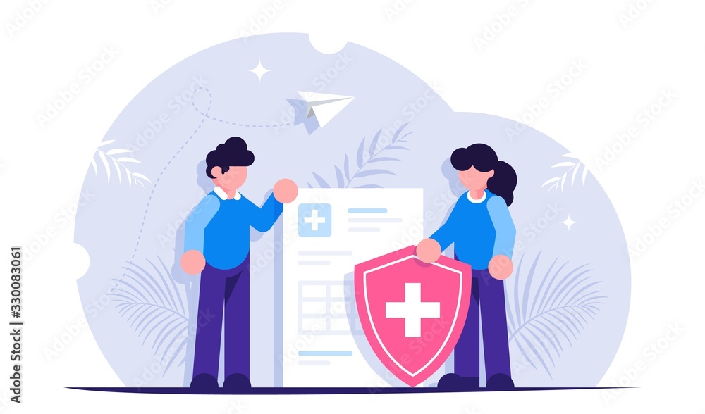 Healthcare concept. People stand in the background of a medical document and a shield. Health insurance. Modern flat vector illustration.
