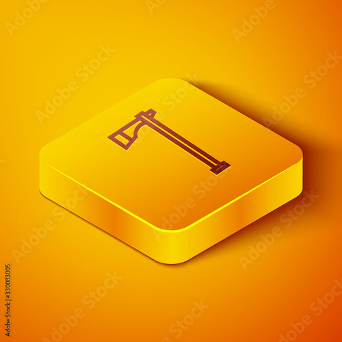 Isometric line Native american tomahawk axe icon isolated on orange background. Yellow square button. Vector Illustration