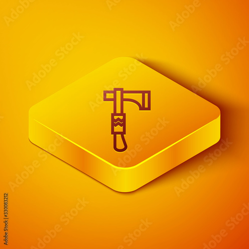 Isometric line Native american tomahawk axe icon isolated on orange background. Yellow square button. Vector Illustration