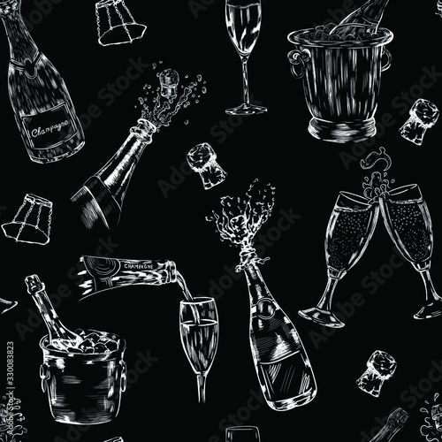 Wine, champagne drink chalk vector seamless pattern on black background . Concept for menu, cards , wallpaper, wrapping paper 