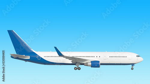modern airplane side view isolated on blue sky background Passenger jet plane with gear extended Commercial aircraft blue tail paint scheme Luxury business jet flying in air Aviation design reference