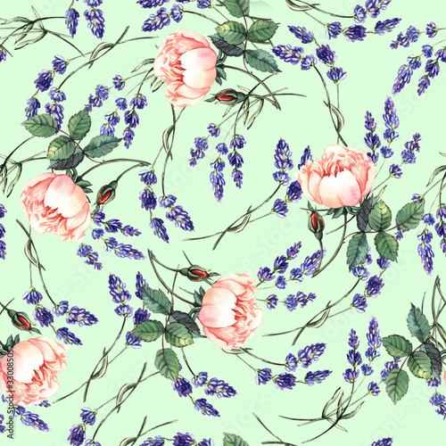 Watercolor pattern with flowers of lavender and roses