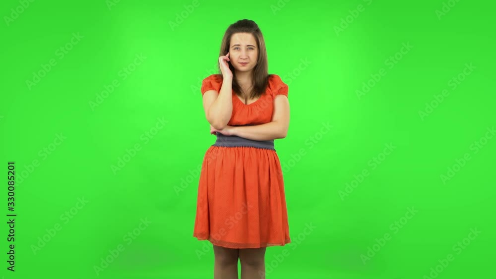 Cute girl thinking about something, and then an idea coming to her. Green screen Cute girl thinking about something, and then an idea coming to her. Green screen