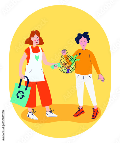 Concept of kind female seller man customer buying food. Salesperson with eco bag and spring vegetables Flat cartoon vector isolated illustration