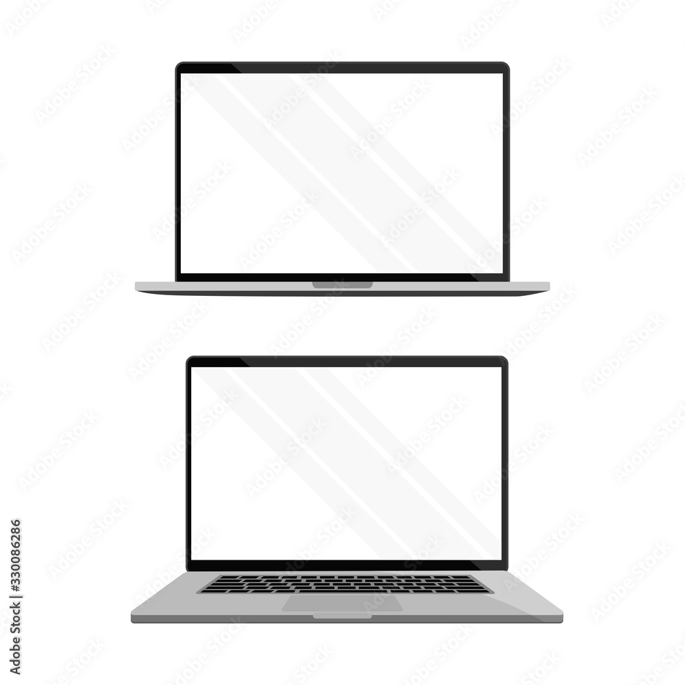 Laptop in apple Macbook style mockup with white screen - front view. Modern dark grey laptop with reflections and shadows isolated on background. Vector illustration. , white aluminium body. Laptop in apple Macbook style mockup with white screen - front view. Modern dark grey laptop with reflections and shadows isolated on background. Vector illustration. , white aluminium body.