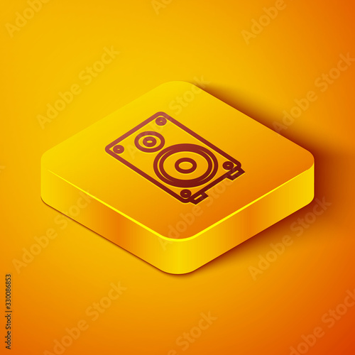 Isometric line Stereo speaker icon isolated on orange background. Sound system speakers. Music icon. Musical column speaker bass equipment. Yellow square button. Vector Illustration
