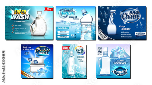 Detergent, Bleach Advertising Banners Set Vector. Different Bottle And Atomizer Spray, Container And Box For Cleaning Substance, Iceberg And Soap Bubbles. Concept Template Realistic 3d Illustrations