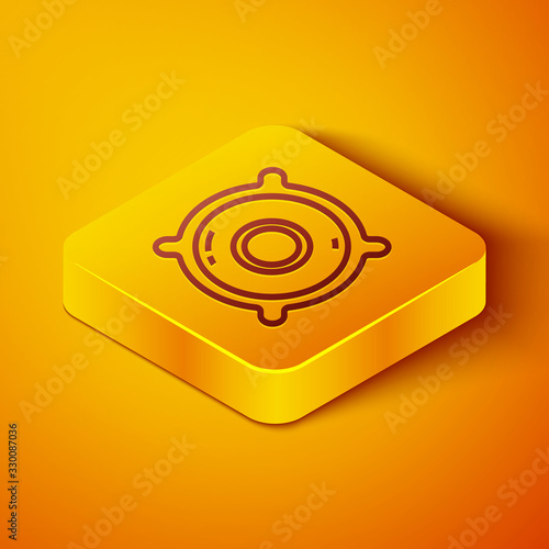 Isometric line Stereo speaker icon isolated on orange background. Sound system speakers. Music icon. Musical column speaker bass equipment. Yellow square button. Vector Illustration