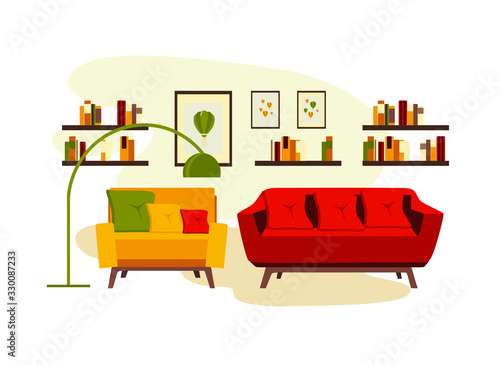 living room interior with furniture, table, shelves with books and home flowers, floor lamp. flat cartoon vector illustration