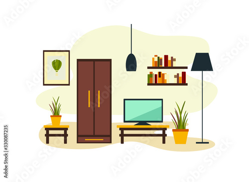 living room interior with furniture, table, shelves with books and home flowers, floor lamp. flat cartoon vector illustration