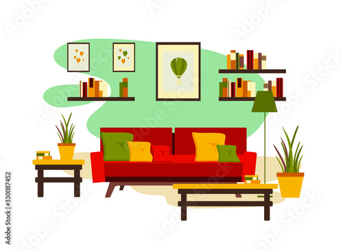 living room interior with furniture, table, shelves with books and home flowers, floor lamp. flat cartoon vector illustration