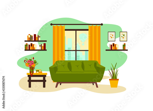 living room interior with furniture, table, window, shelves with books and home flowers, floor lamp. flat cartoon vector illustration