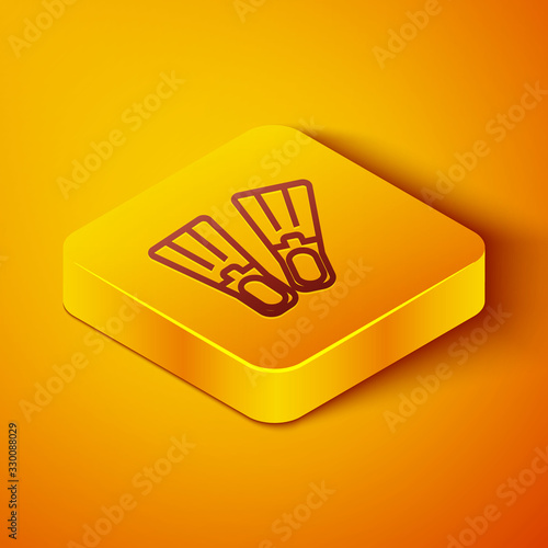 Isometric line Rubber flippers for swimming icon isolated on orange background. Diving equipment. Extreme sport. Sport equipment. Yellow square button. Vector Illustration