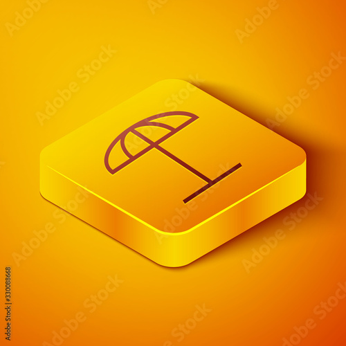 Isometric line Sun protective umbrella for beach icon isolated on orange background. Large parasol for outdoor space. Beach umbrella. Yellow square button. Vector Illustration